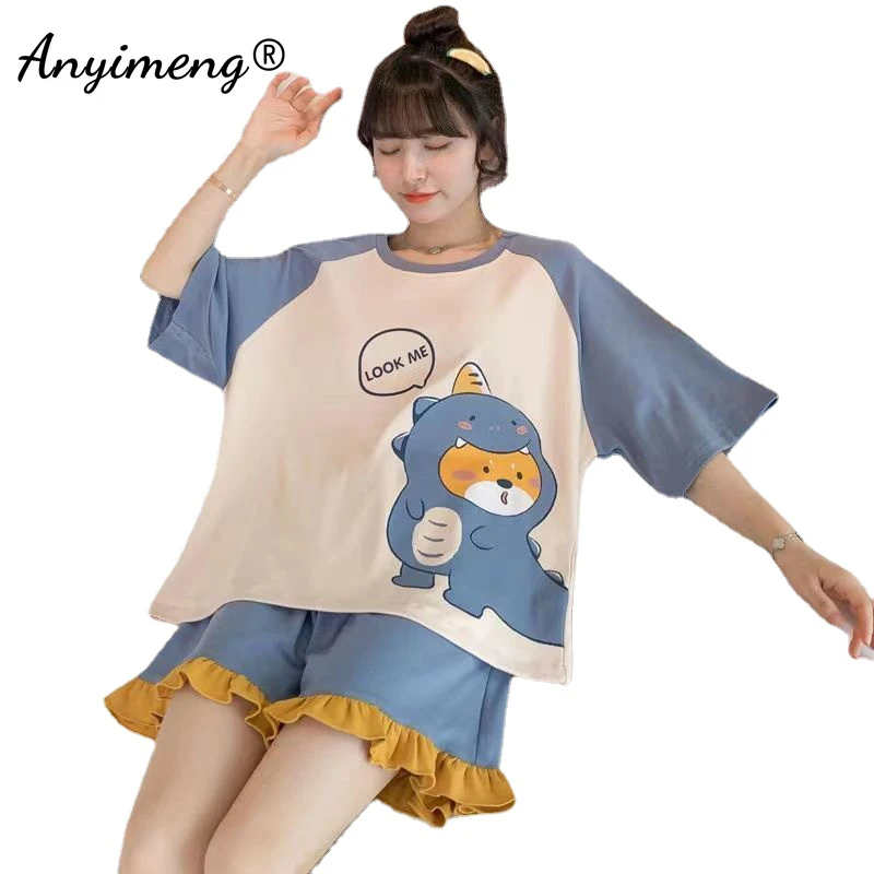 Kawaii Cartoon Dinosaur Pajamas Set for Womens Summer M-5XL Girls Shorts Fashion Loungewear Women Cute Pijamas Lady Sleepwear