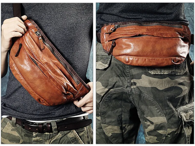 Fashion vintage natural genuine leather men chest bag high quality soft cowhide waist packs casual sports shoulder messenger bag