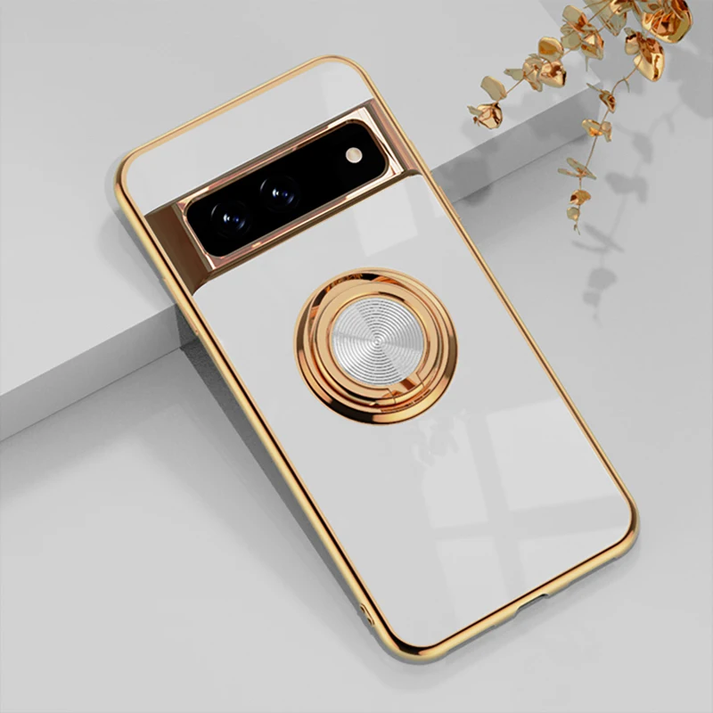 

For Google Pixel 7 Pro 7A Case Luxury Electroplating Ultra-thin Slim Ring Back Holder Kickstand Cover for Pixel 6A