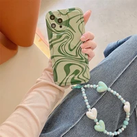 fashion dark green smudge with heart lanyard female soft phone case for iphone 11 12 13 pro max x xr full lens protection cover