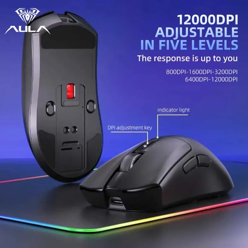 Фото Игровая мышь AULA SC380, трехрежимная, беспроводная, Bluetooth, перезаряжаемая, с магнитной базой, 12000 DPI, RGB, легкая, для киберспорта №4