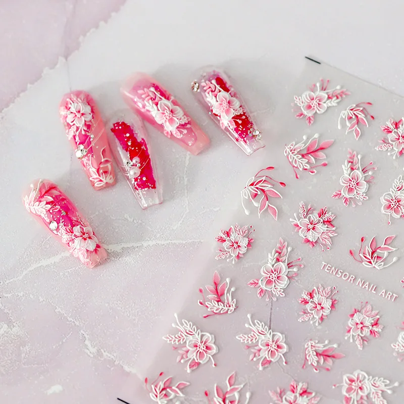 

Акриловая гравированная наклейка для ногтей, розовые цветы, белая линия, Самоклеящиеся Переводные Слайдеры для ногтей, обертывания, маникюр, фольга Z0662