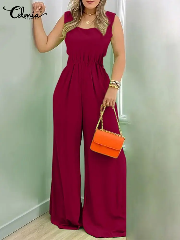 

Sexy Waisted Elastic Legging Celmia Women Sleeveless Long Jumpsuit Summer 2022 Fashion Solid Color Romper Wide Leg Pant Overalls