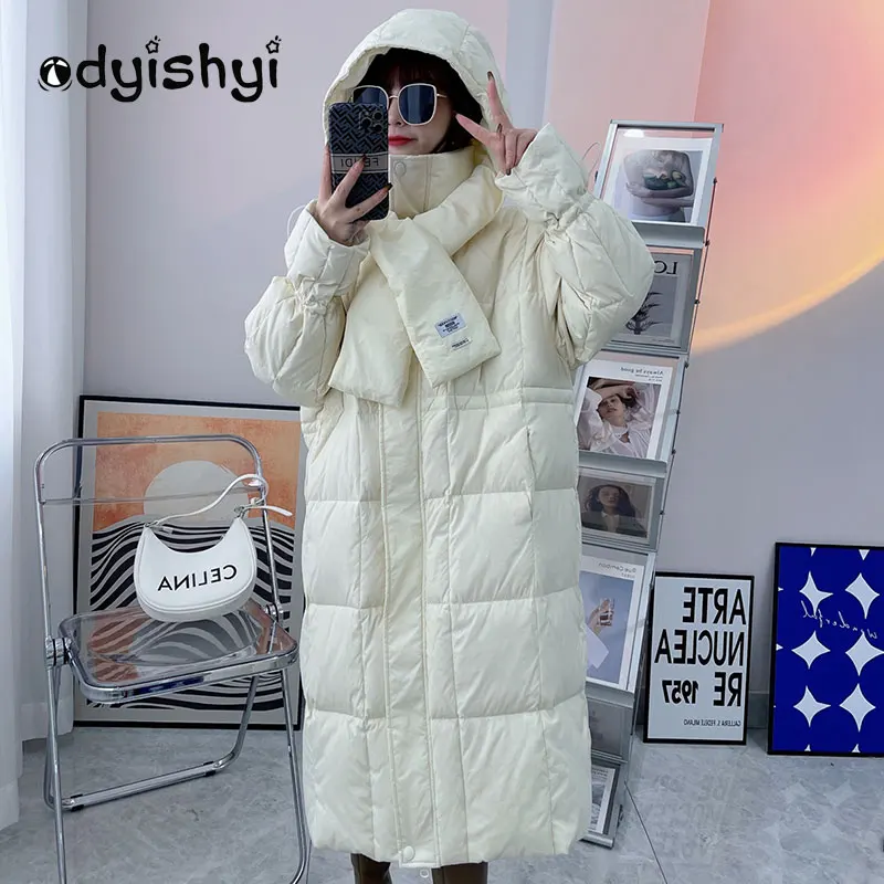 Large Size Loose Mid Long Puffer Jacket Winter Women Parka Hooded White Duck Down Coat Female Solid Casual Warm Outwear Thick