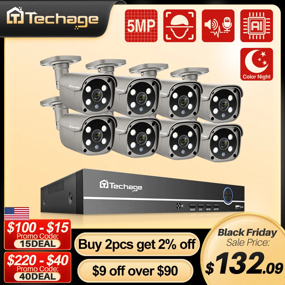 Techage Security Camera System 8CH 5MP HD POE NVR Kit CCTV Two Way Audio AI Face Detect Outdoor Video Surveillance IP Camera Set