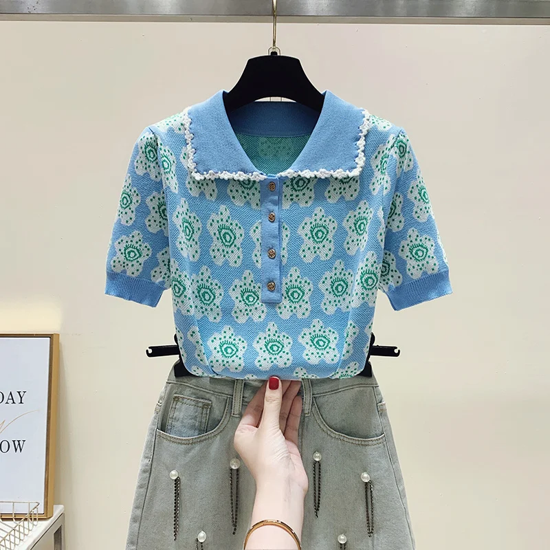 Повседневный пуловер с воротником-поло трикотажная одежда принтом Свободный Топ