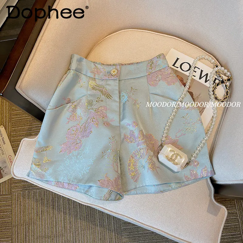 

2023 New Chinese Retro Jacquard Shorts Women's Summer Temperament Chinese Style Embroidery Pants Versatile Loose Wide-Leg Pants