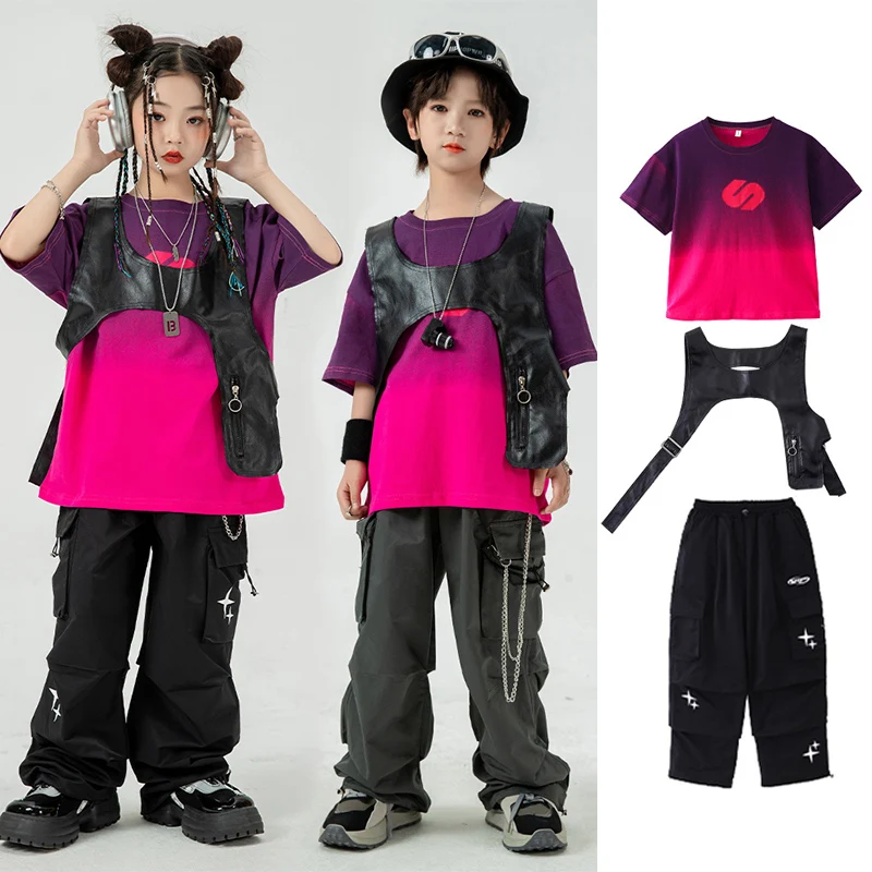 

Fashion Streetwear Gradient Tops Cargo Pants Children Street Dance Performance Costume Summer Hip Hop Dance Outfit YS4945