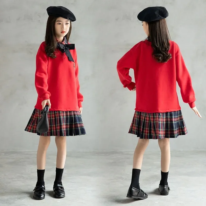 

Knitted Red Sweater Dress for Girls 4-16, Thickened Warm Two-piece Dress, Bow-tie Printed Skirts, Autumn and Winter