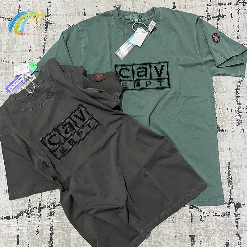 

Classic Box Logo Embroidery Cav Empt T Shirt Men Women Vintage Washed Batik Carbon Grey Dark Green CAVEMPT Tee Casual Couples