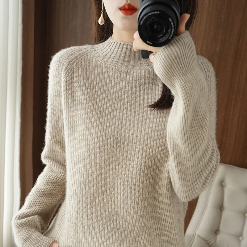 

Свитер с воротником-хомутом, Женская первоклассная готовая к ношению рубашка из чистой шерсти, осенне-зимний вязаный пуловер, Новинка