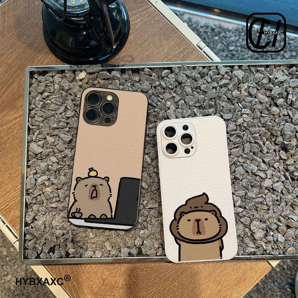 Cartoon Cute Capybara Matte Phone Case Luxury Lambskin Leather For iPhone 16 15 14 13 12 11 Pro Max Custom Cover