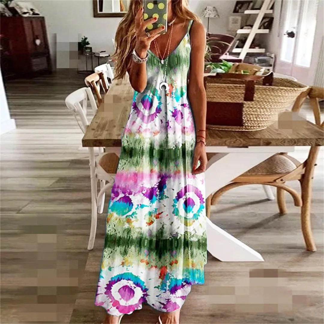 

Women Summer Dresses Beach Vacation Printed halter V-neck dresses Casual Long Dress abbigliamento donna estate 2023