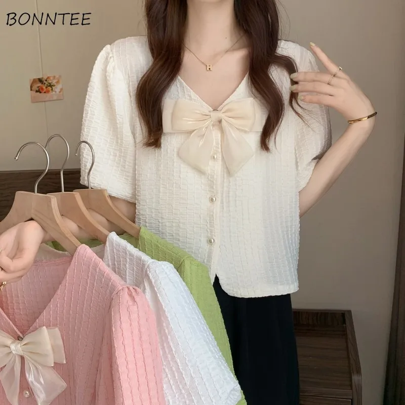 

Short Sleeve Shirts Women Bow Cropped Thin Summer Kawaii French Style Tender Vacation Girlish Preppy Young Elegant Ulzzang Ins