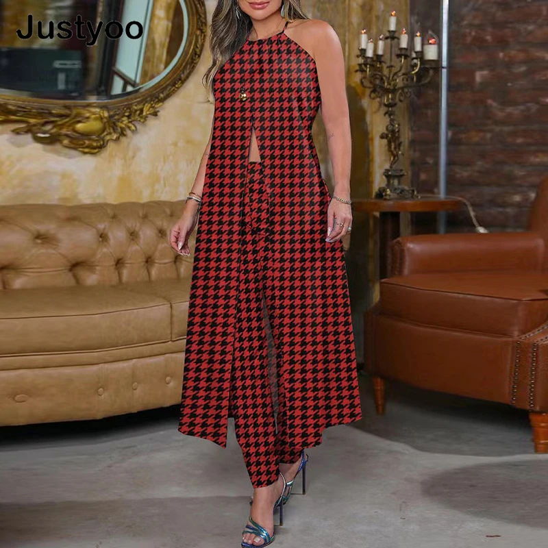 

Женский комплект из 2 предметов, Удлиненный топ с высоким разрезом и длинные брюки, Модная элегантная накидка без рукавов, облегающий костюм