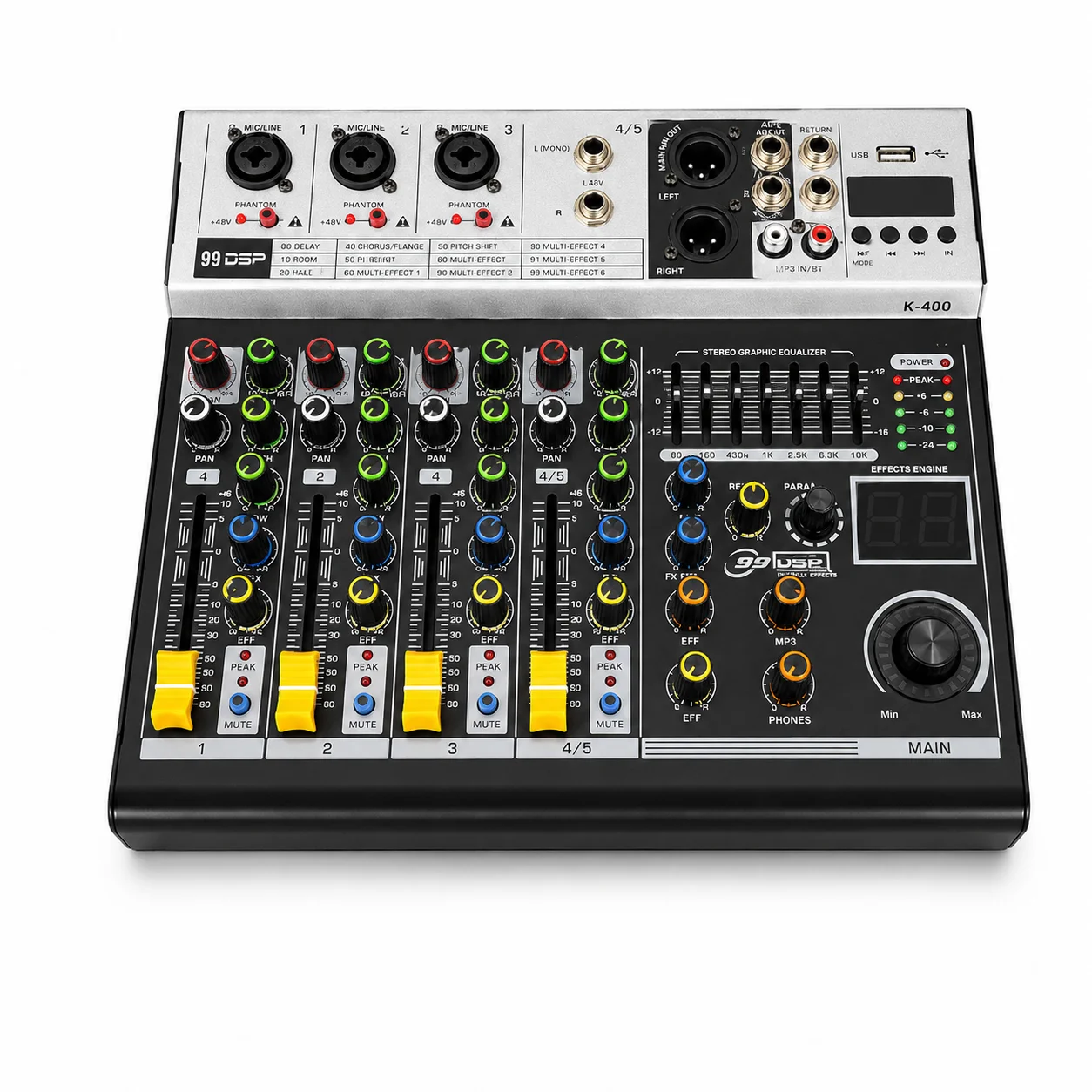 Фото Аудиомикшер K-400 с 99 DSP-эффектами, USB-воспроизведением, 7-полосным эквалайзером, 3 микрофонными входами, компактный микшерный пульт для караоке и живых выступлений №2