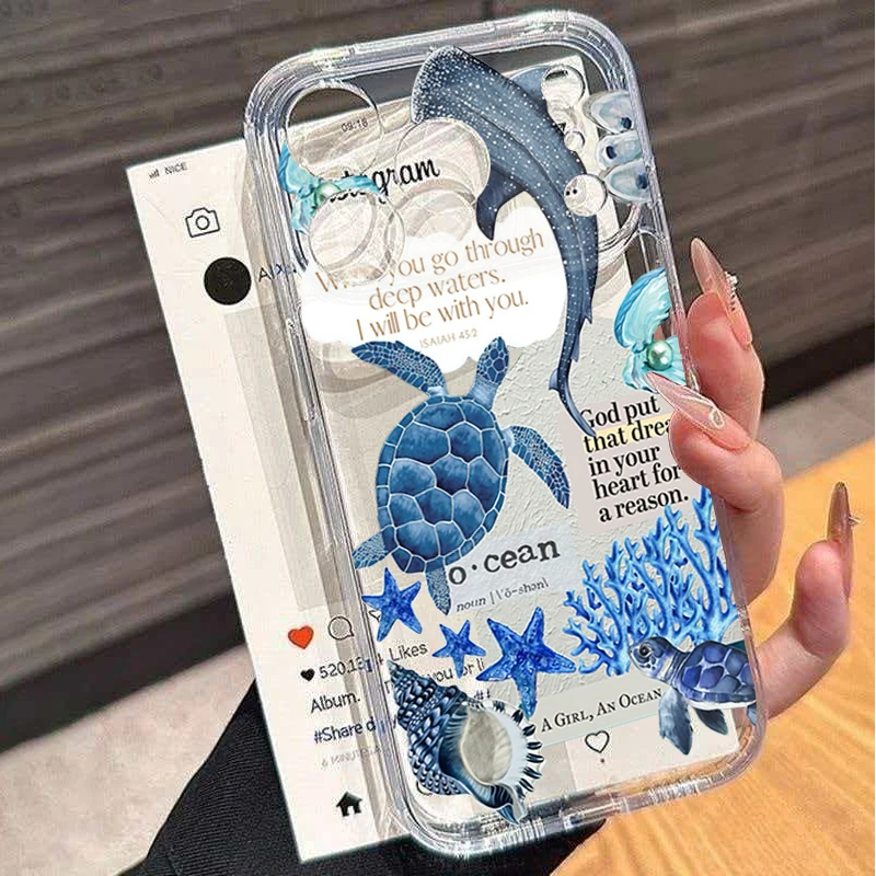 Фото Прозрачный чехол для телефона с летним узором «Морская жизнь» для iPhone 17 Air, 16, 15, 14, 13, 12, 11, 17 Pro Max, X, XR, XS, 7, 8 Plus, SE, 16E, 17E