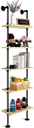 

Tier Modern Bookcase Mount Ladder Bookshelf Include Wood Planks Industrial Pipe Shelf Book Display Metal Pipes and Wood Shelve