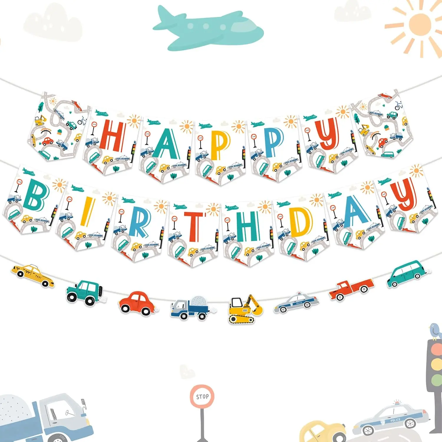 Kreatwow Transport Баннер с днем рождения Красочная гирлянда Автобус Полицейский Такси