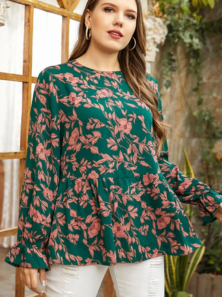 Fragmented Flower Doll Shirt Large Ruffled Women's Clothing plus size women clothing  plus size blouse