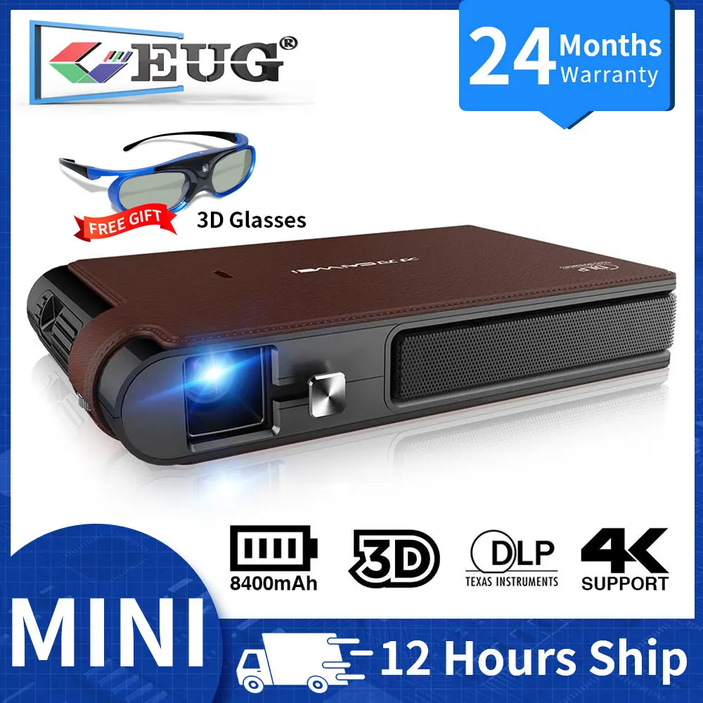 Мини-проектор EUG 1080p Full HD 4k dlp для смартфона с аккумулятором 8400 мАч портативный