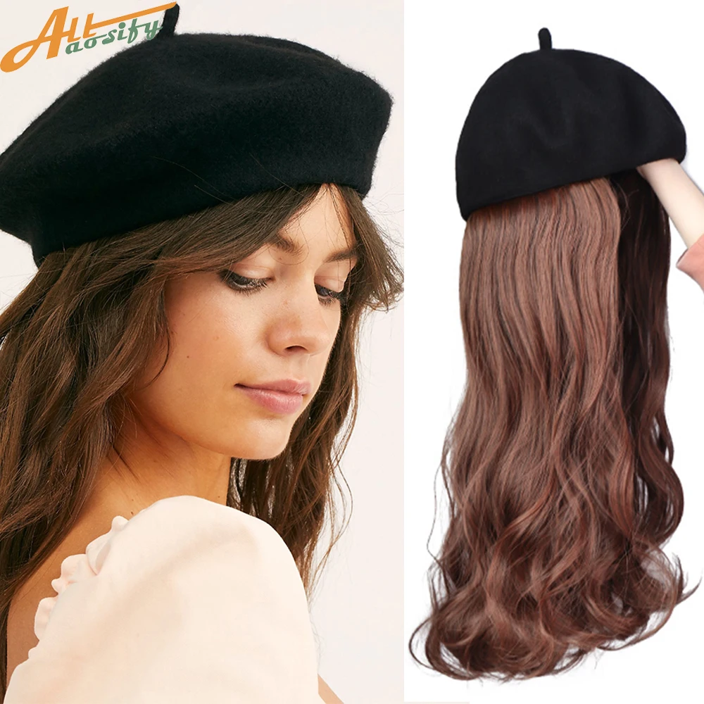 60cm Wavy Hair Extensions Women Hat Hair Extension Synthetic High Temperature With Hat Integrated Wig 200g White Red Black Brown