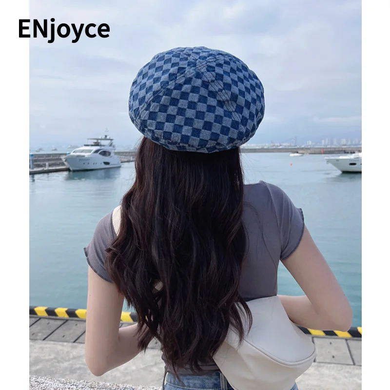 

2023 Spring Summer New Women Vintage Checkerboard Denim Beret Korean Version Fashion Plaid Hat Cowboy Jean Berets