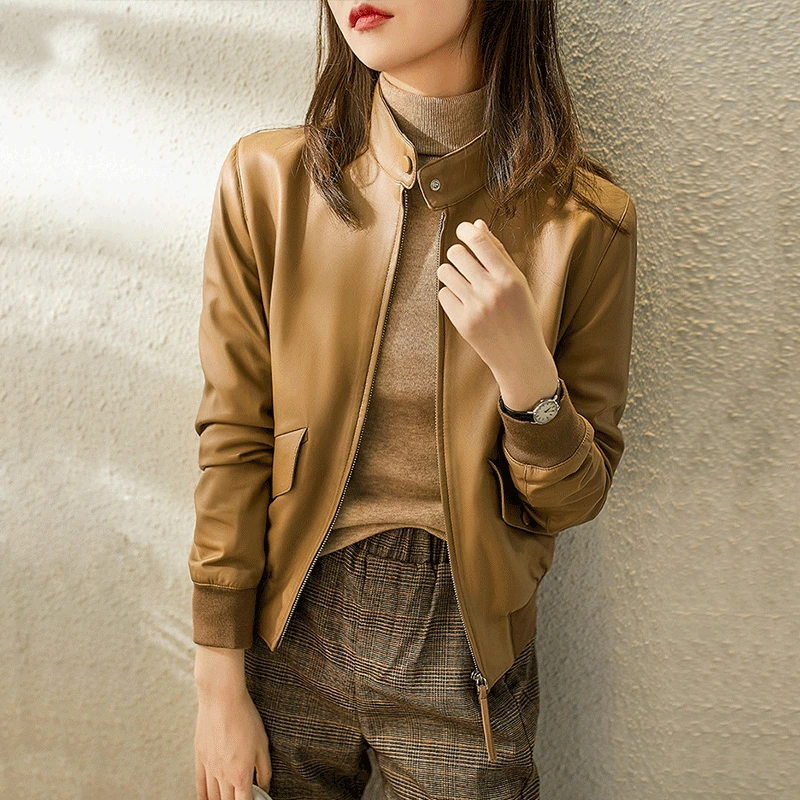 

tiansipige 2022 New tone-fitting motorcycle sheepskin leather coat for women female leather cloth