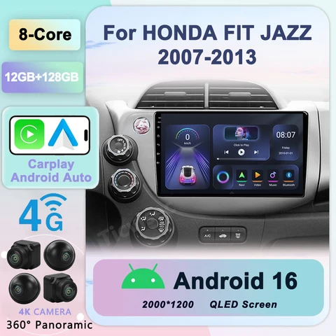2Din 4G Android 16 WiFi DSP CarPlay Автомобильный стерео радио Мультимедийный видеоплеер для HONDA FIT JAZZ LHD 2007-2014 Навигация GPS