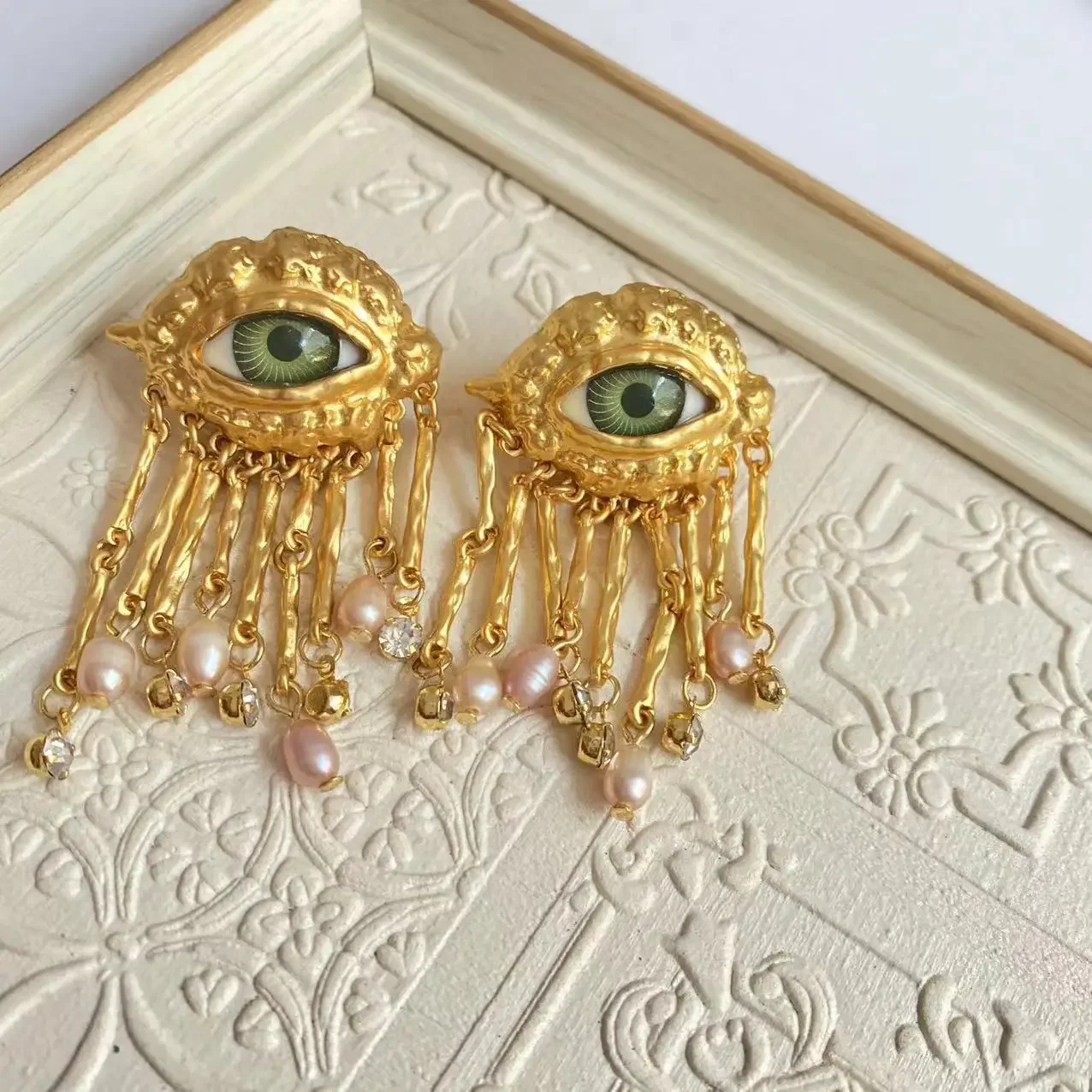 

Retro Vintage Devil's Eye Dangle Earrings with Tassels and Gold Plating