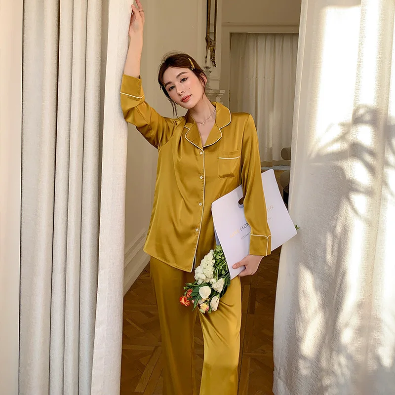Silk Pyjamas for Women Long Sleeve Diamond Buttons Satin Pyjama Set Female Sleepwear Soft Thin Loungewear