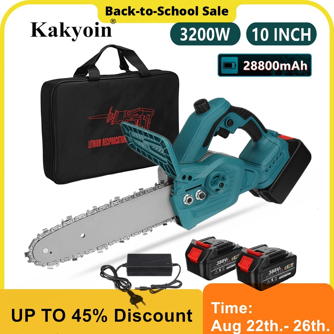 3200W 388VF 10 Inch Cordless Electric Saw Chainsaw  with 2PCS Battery Brushless Motor Rechargeable Power Tool for Makita Battery