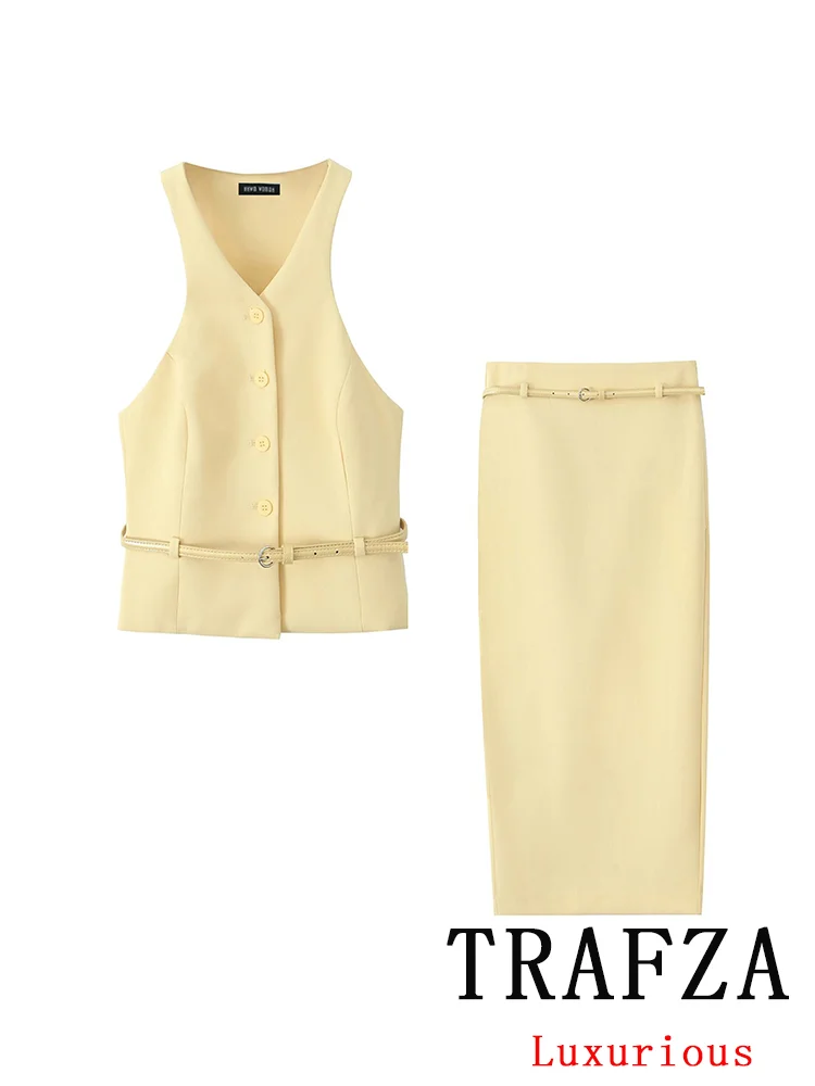 Trafza Женский Винтажный Однотонный Костюм С Поясом Однобортный Топ Бретелькой На