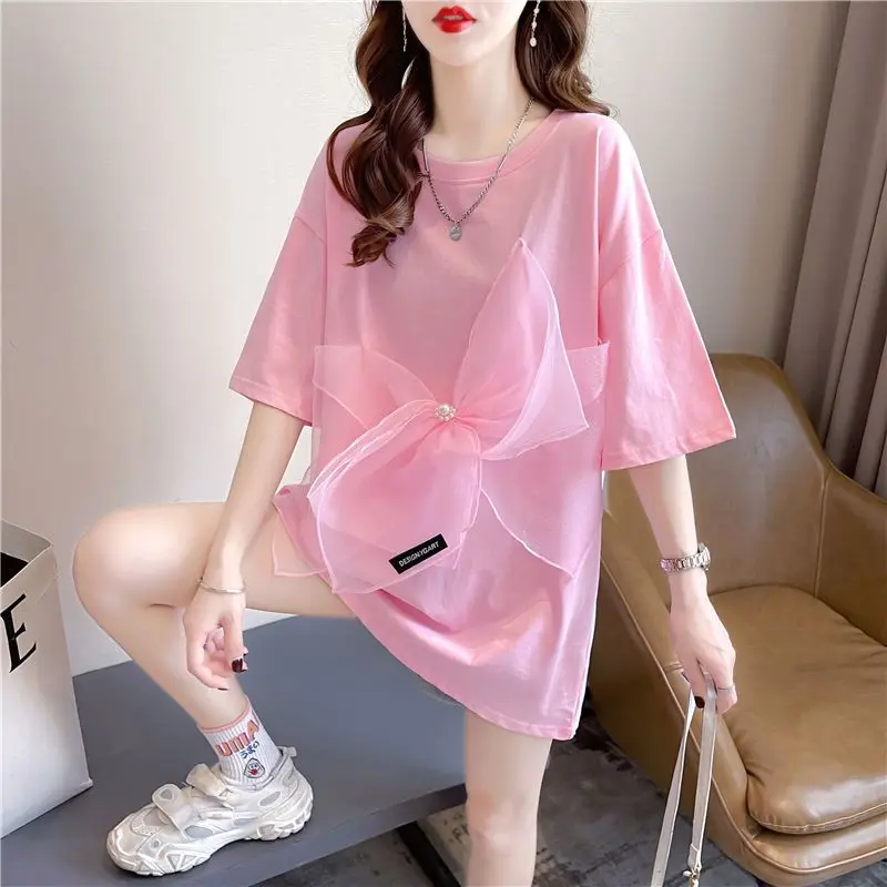 

DAYIFUN Large Size Medium Long T-shirts Female 2023 New Bow Splice Design Sense Tshirt Tops Lady Short Sleeve Tees Women's Wear