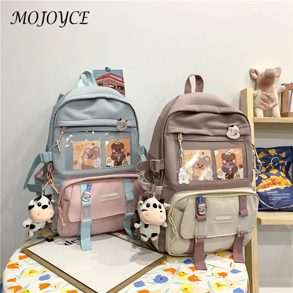 

Women Students School Canvas Backpack Preppy Style Leisure Backpacks with Pendant Badge Large Capacity Knapsack
