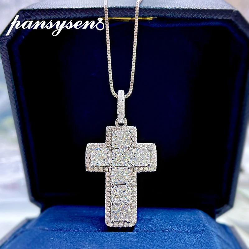 

PANSYSEN 100% 925 Sterling Silver High Carbon Diamond Wedding Engagement Cross Pendant Necklaces for Women Fine Jewelry Gift