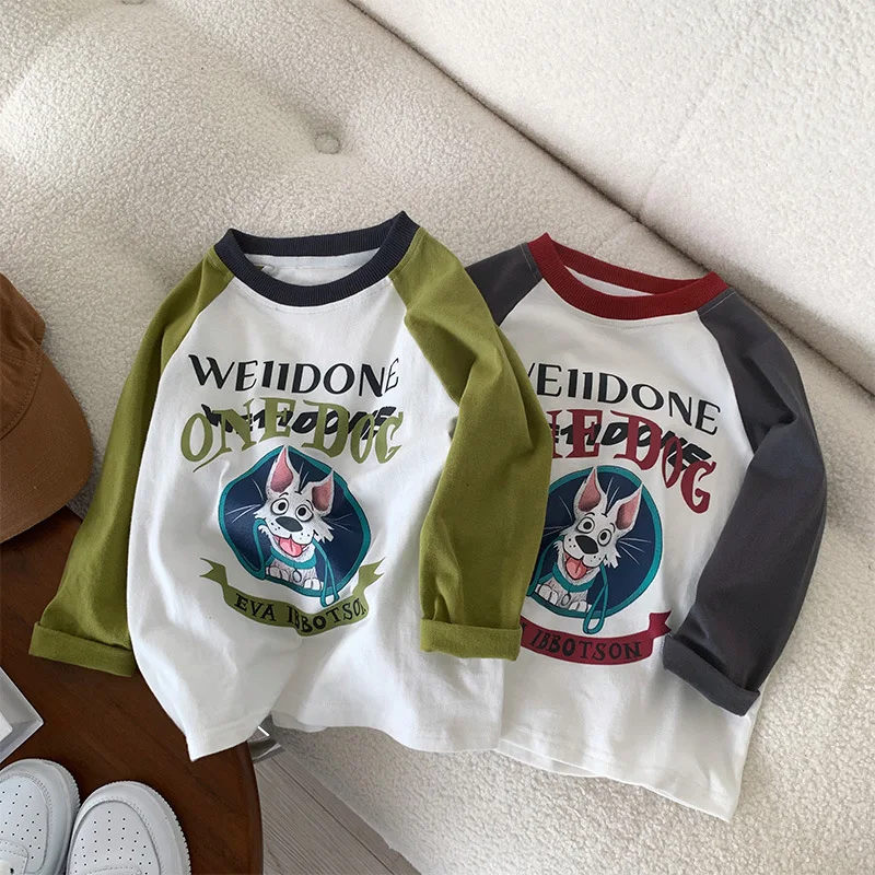 Kids Clothing T Shirts Boys Cotton Children Shirt Baby Toddler Tops Cartoon Full Long Sleevescontrast raglan Sleeve Backing