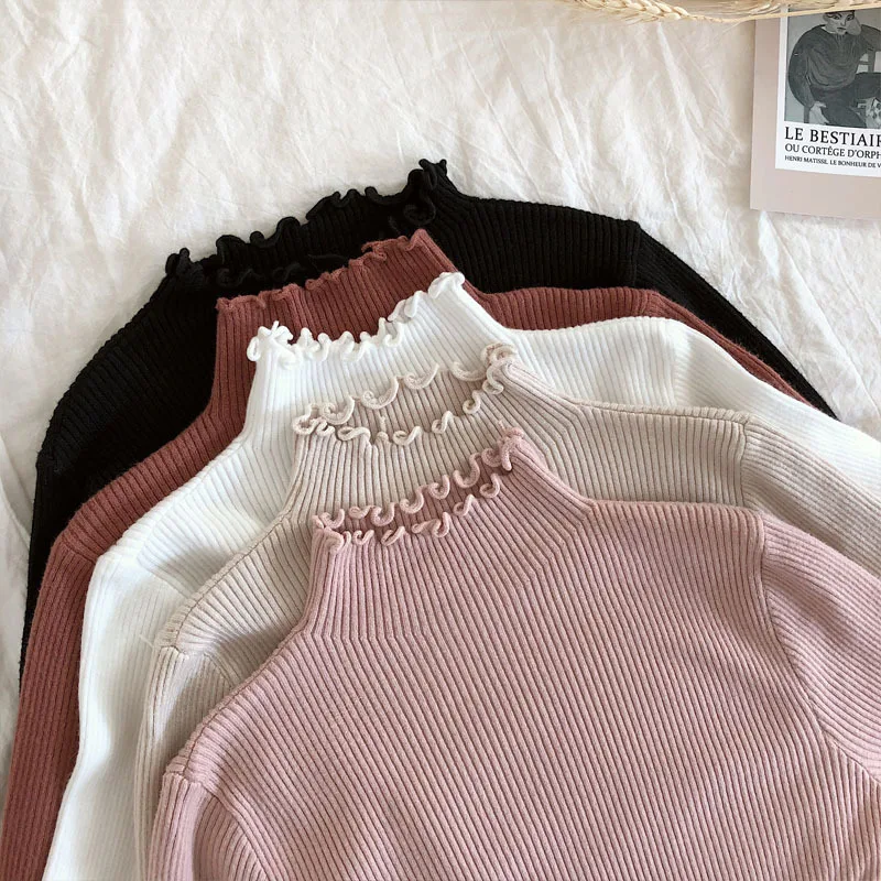 

2022 Autumn New Simple Solid Color Half Turtleneck Fungus Edge Long-sleeved Knitted Bottoming Shirt Sweater Women