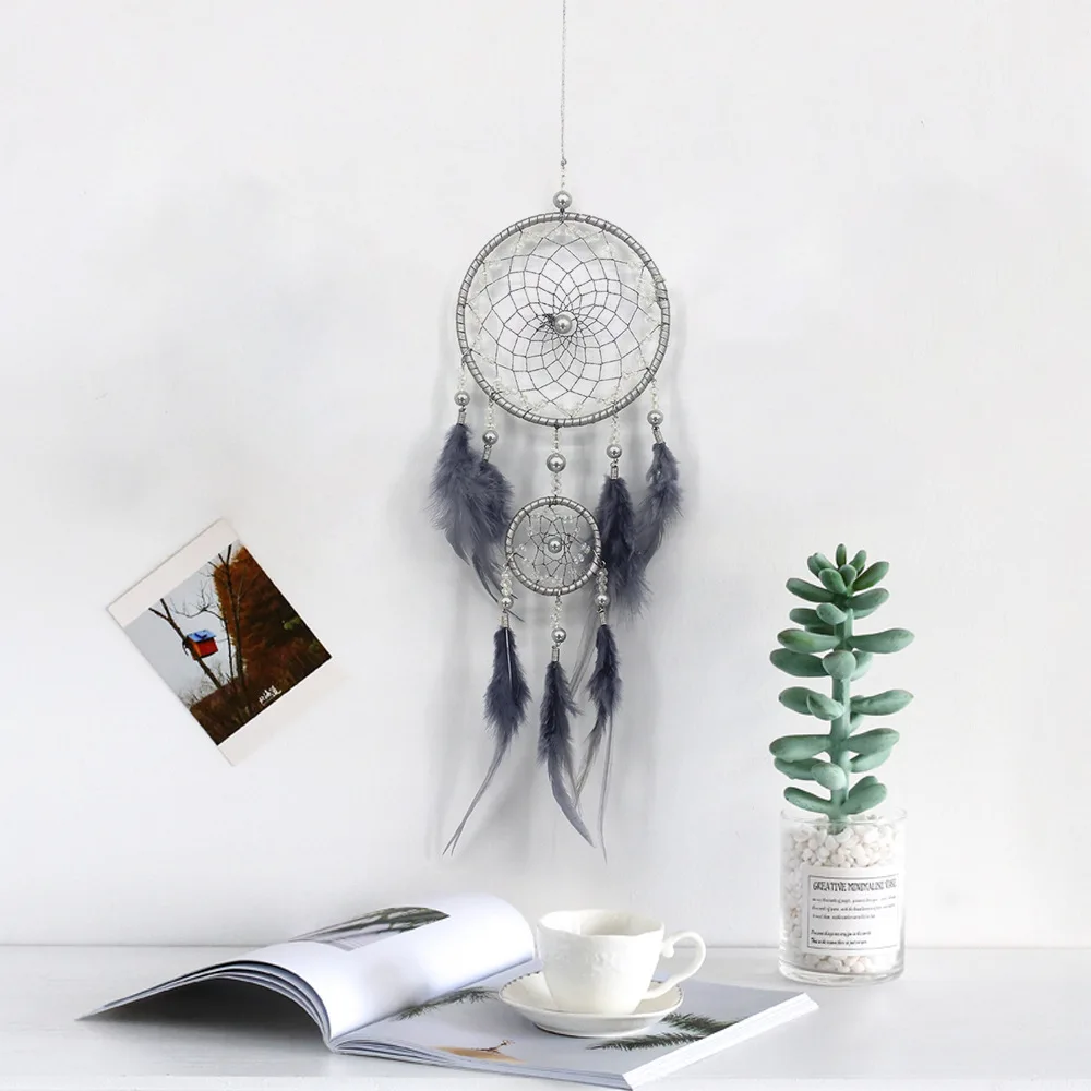 

Handmade Silver Gray Dream Catcher 2 Ring Indian Feather Hanging Wall Hanging Car Home Decor creative Room Decor Wind Chimes
