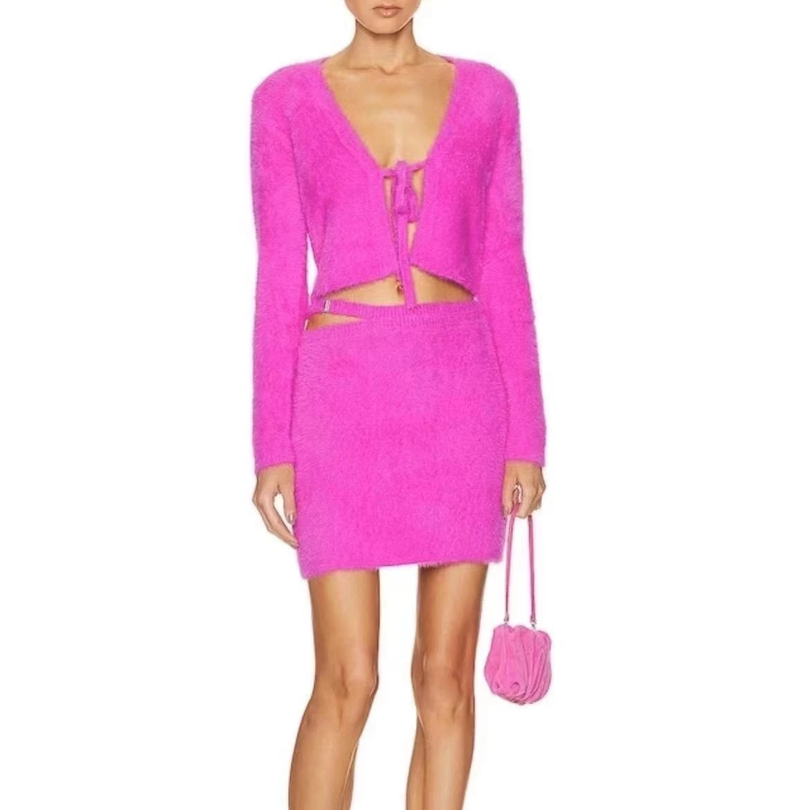 

Женский вязаный комплект с бюстгальтером + мини-юбка + кардиганы с V-образным вырезом + вязаный пуловер Топы