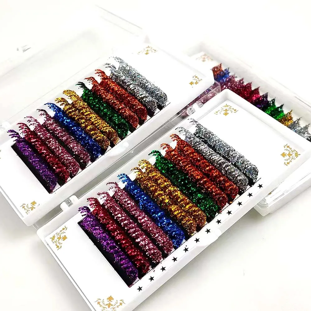 

12 Strips Glitter Color Eyelash Extensions Fashion Shimmery Faux Mink Individual Lashes Russian Classic Volume Eyelash Makeup