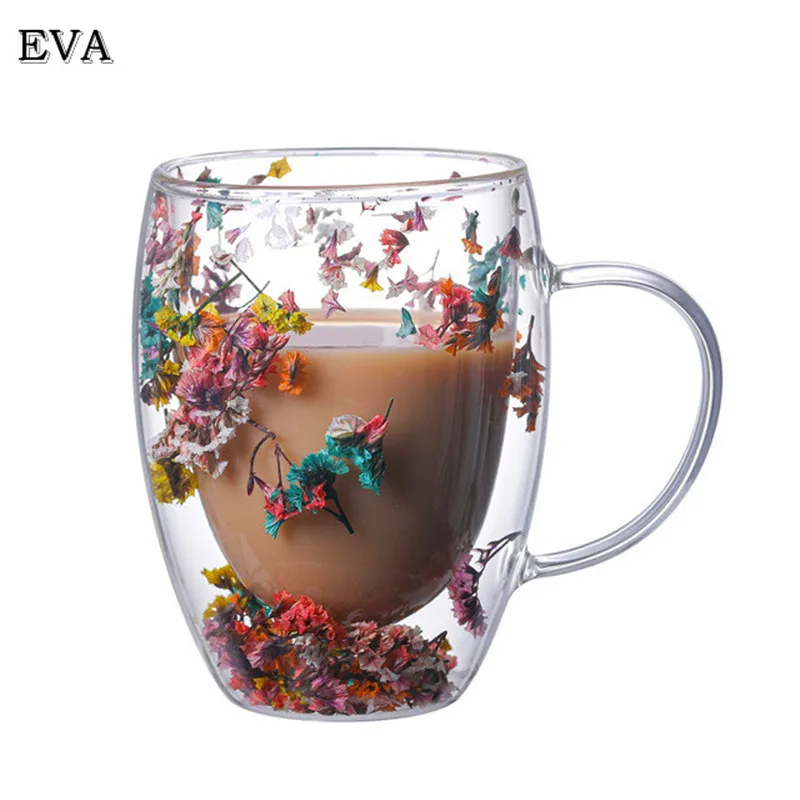 

1 PC Creative Double Wall Glass Mug Cup with Dry Flower Sea Snail Conchs Glitters Fillings for Coffee Juice Lovely Gift Cute Mug
