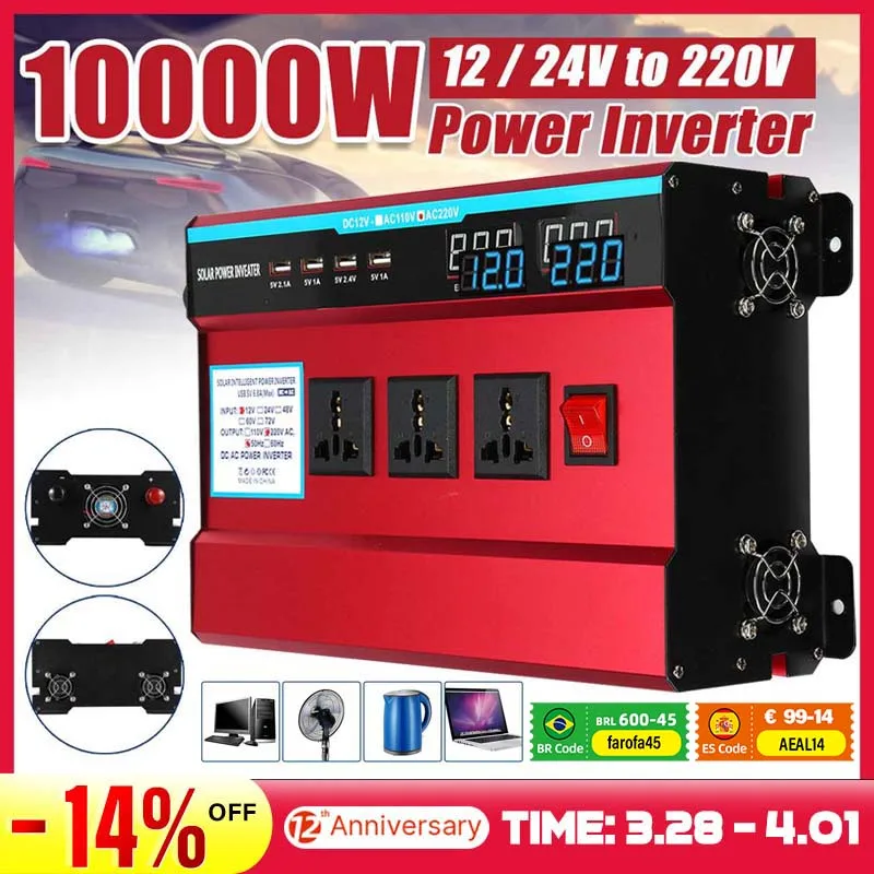 $89.87 12V/24V 10000W Car Solar Power 4 USB Port Inverter Voltage Transformer Power Converter Modified Sine Wave Car Home Inverter