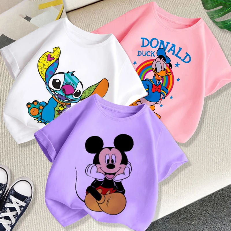

Children Kawaii Printing Disney Summer New Products White Girls Tees Mickey Donald Duck Fashion Outdoor Stitch Pattern T-Shirts