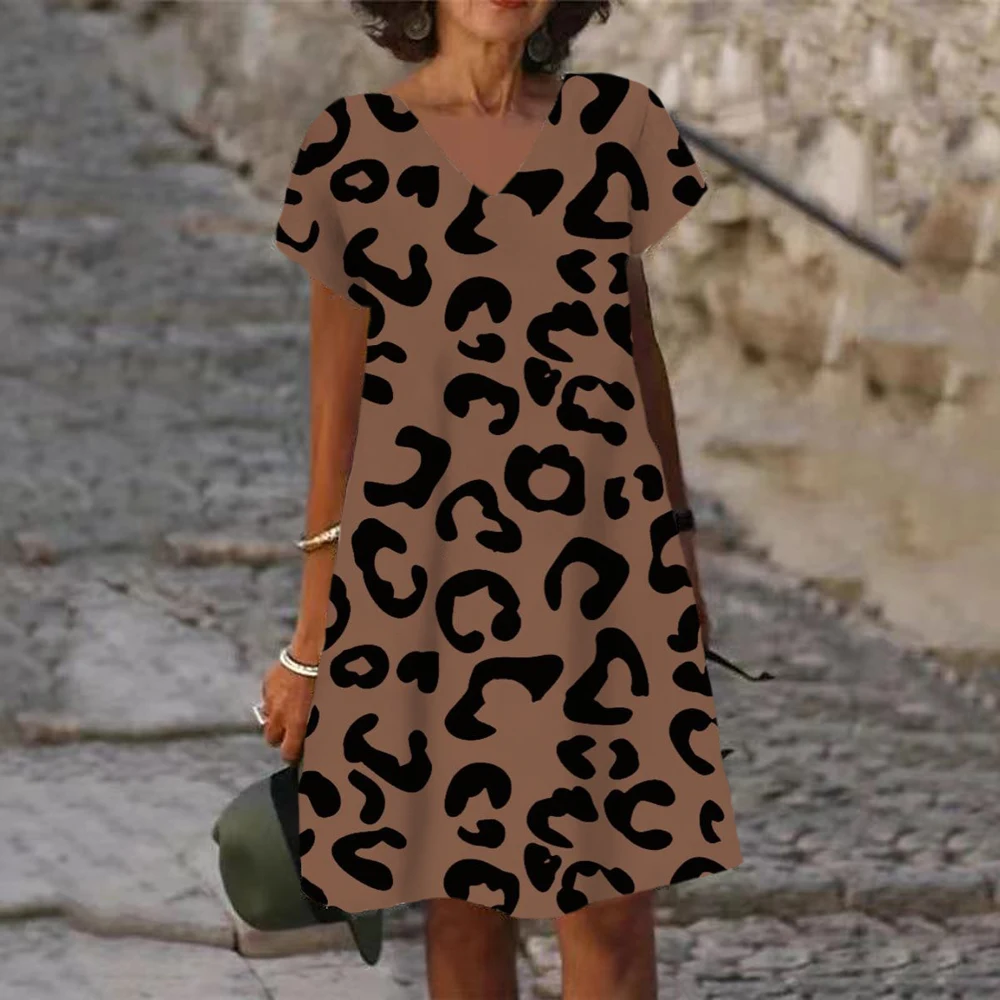 Leopard Print Short Sleeve V-Neck Sexy Midi Dress Spring Summer Women Fashion Streetwear 2023 Christmas Party Outfits