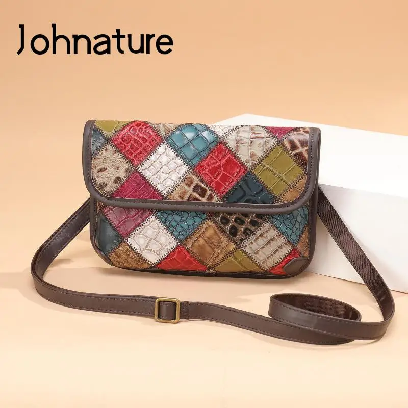 

Johnature Retro Genuine Leather Color Stitching Women Bag Fashion Geometric Natural Cowhide Shoulder & Crossbody Bags