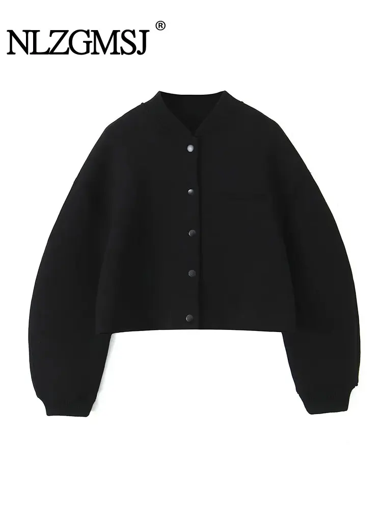 

Nlzgmsj TRAF Women Solid Bomber Jackets Coat With Pockets V-Neck Single Breasted Long Sleeves Female Chic Lady Outfits