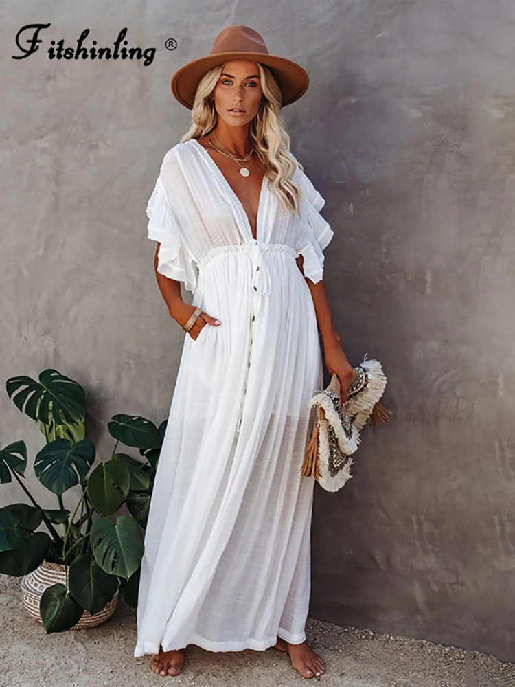 

Fitshinling Bohemian Deep V Neck White Long Dress Backless Ruffles Button Up Pareos Beach Cover Up Holiday Sexy Slim Maxi Robe