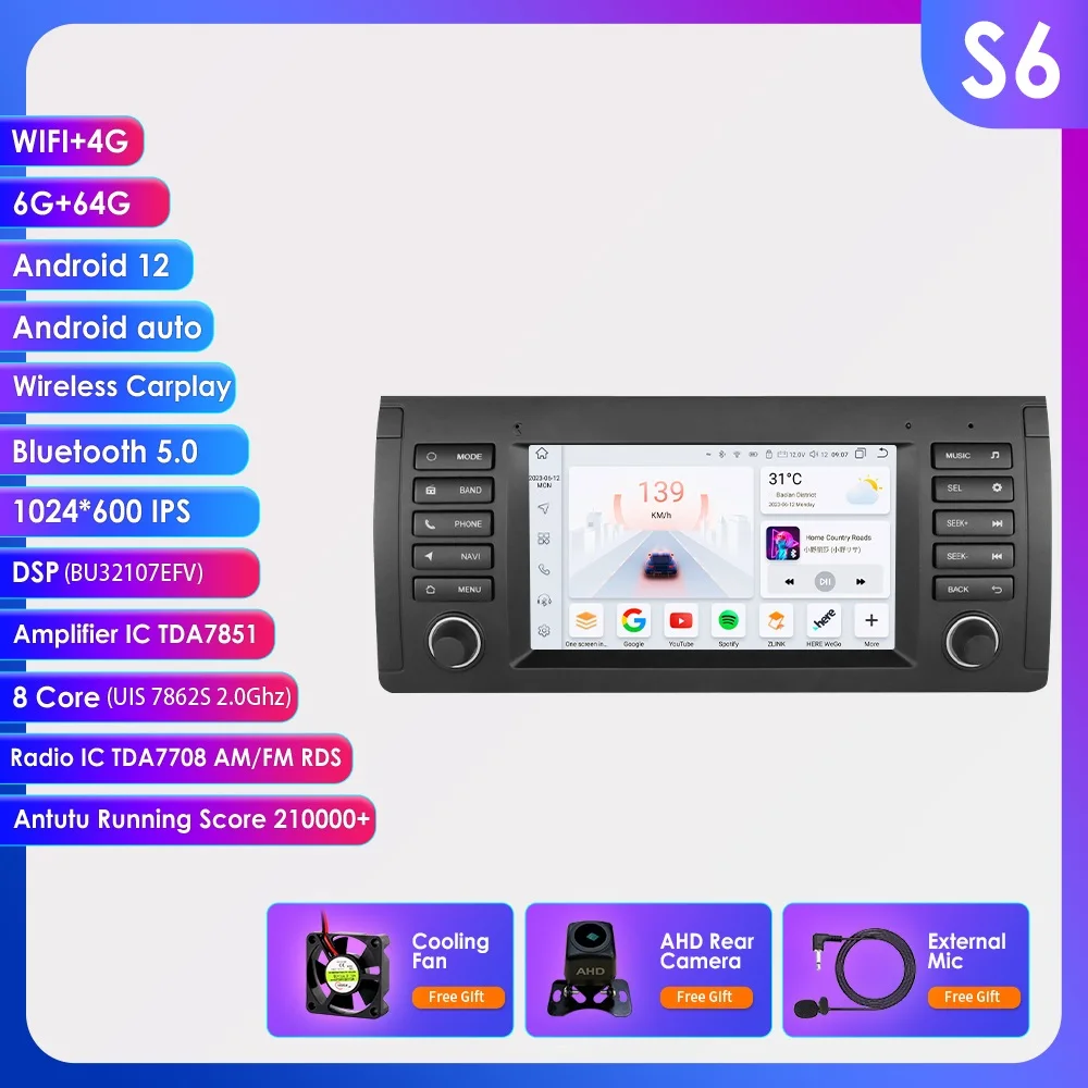 

Hizpo Android 13 7-дюймовая автомобильная интеллектуальная система радио стерео с экраном для BMW E53 5 серии E39 M5 1995-2003 Carplay Мультимедиа