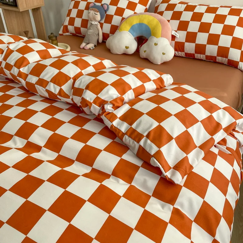 

Ins Wind Checkerboard Pure Cotton Brushed Four-piece Set Cotton Bed Sheet Quilt Cover Dormitory Three-piece Bedding